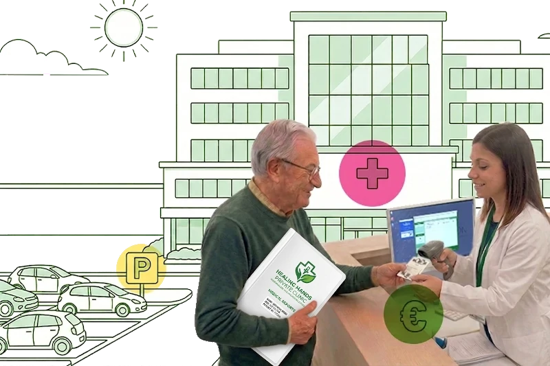 parcheggio-agevolato-pazienti-ospedali-cliniche Paziente riceve parcheggio agevolato o gratuito in ospedale: infermiera all'accettazione gestisce in modo semplice e naturale il ticket del parcheggio, riducendo stress paziente e suo con sistema automatizzato Viatron.