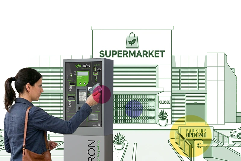 In the regulated, paid parking area of the supermarket, an occasional user pays for parking at the Viatron automatic kiosk when the store is closed: the YouPark system generates revenue from occasional users and residents even when the store is closed, preventing unauthorized parking.