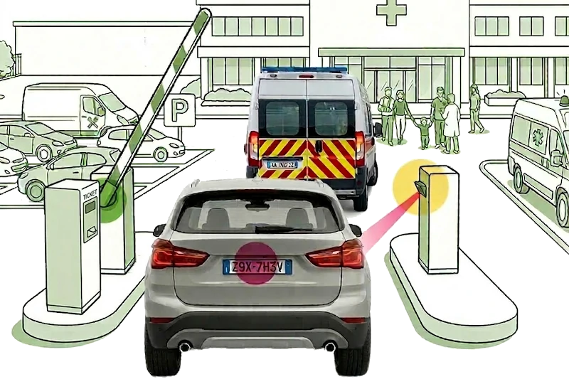 sistema-parcheggio-ospedali-lettura-targhe Ingresso parcheggio ospedaliero con sistemi automatizzati che gestiscono i picchi di traffico in entrata e uscita tramite lettura targhe