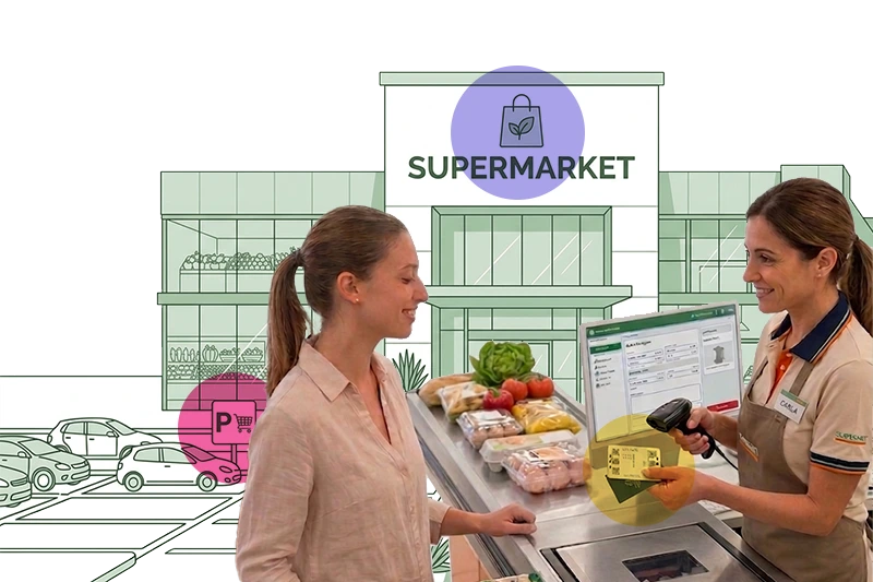 Supermarket cashier validating a parking ticket for free or discounted stays with YouPark Viatron, rewarding loyal customers and attracting new ones with convenient discounts and nearby parking spaces.