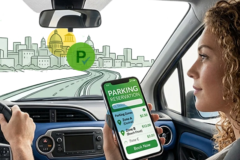 Turista durante viaggio prenota online il posto auto in città d'arte, grazie all'integrabilità dei sistemi di parcheggio Viatron con i maggiori portali di prenotazione online per aumentare la visibilità del tuo parcheggio e avere un vantaggio sulla concorrenza.